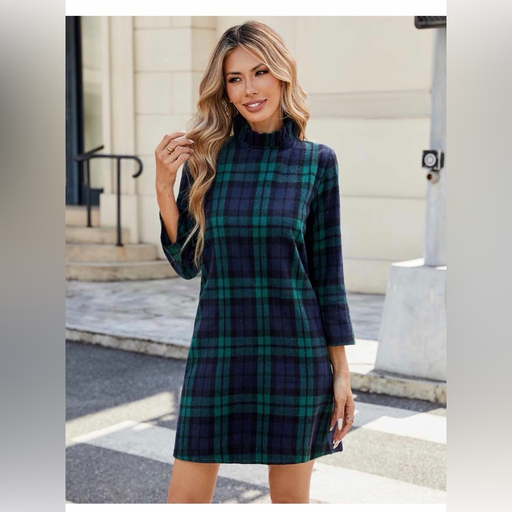 Plaid autumn dress with bow, long sleeves, straight cut with pockets, size S - Picture 2 of 7